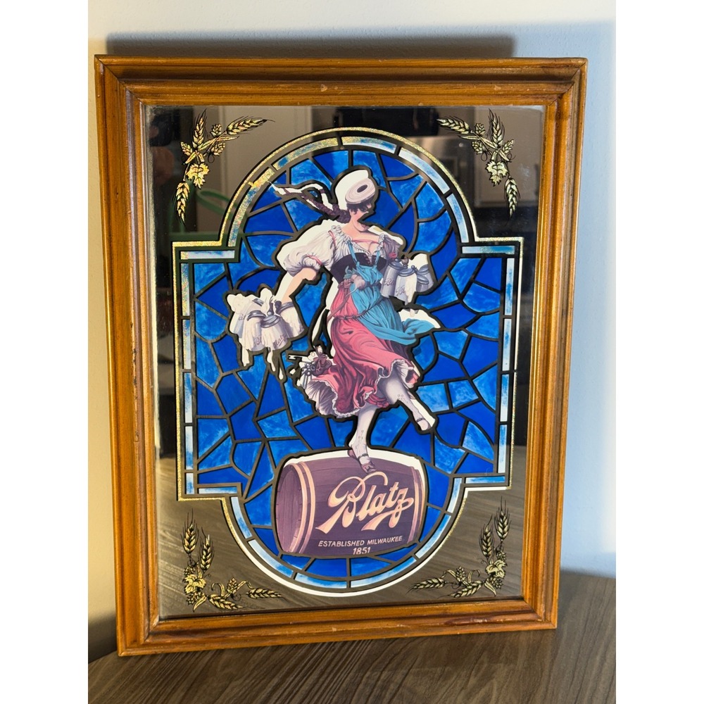 Vintage Blatz Blatz Beer Mirror Sign Valerie Barmaid 18x14 Stained Glass Framed